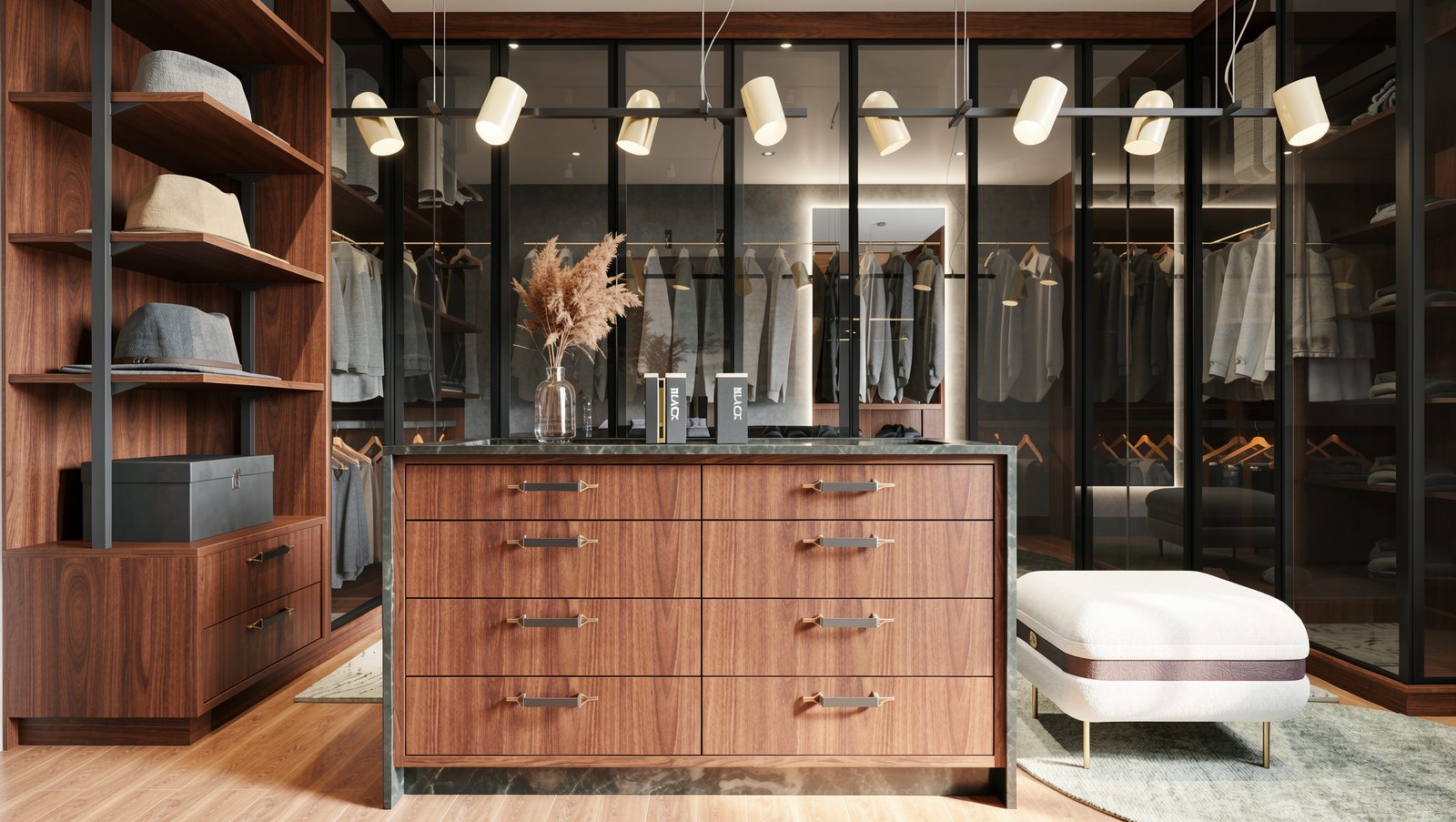 Closet planejado com ilha de gavetas em madeira