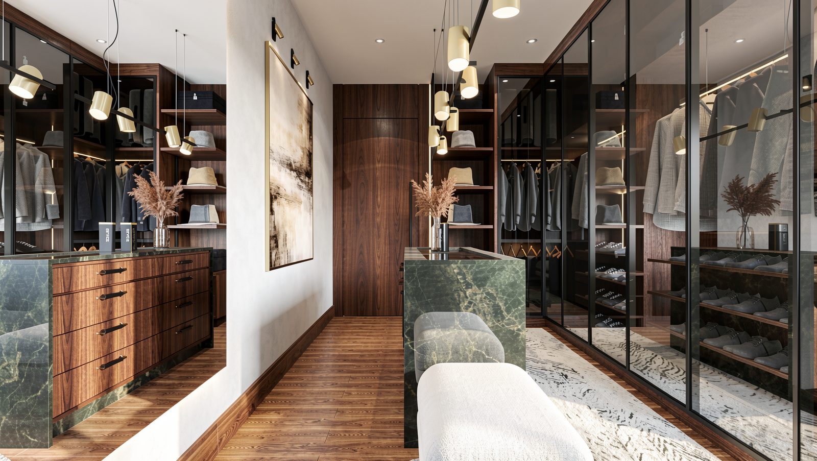 Closet planejado com bancada de mármore