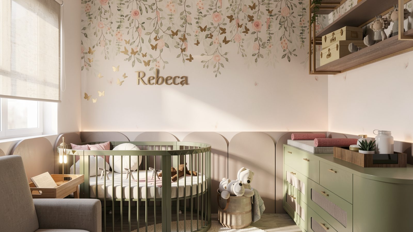 Quarto de bebê planejado com papel de parede floral