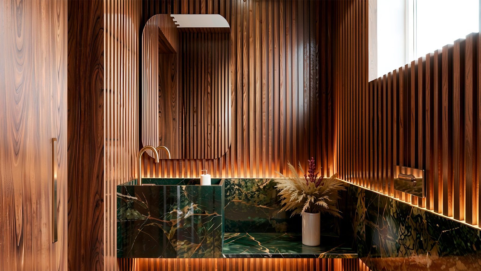 Lavabo planejado com ripado e pedra verde