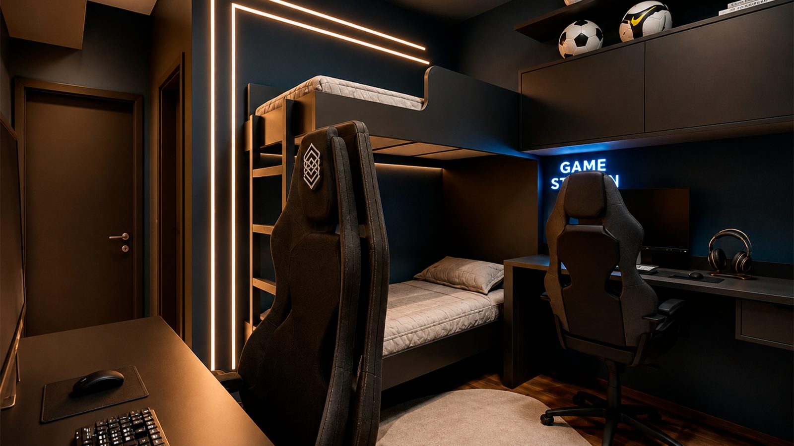 Quarto infantil planejado com setup gamer