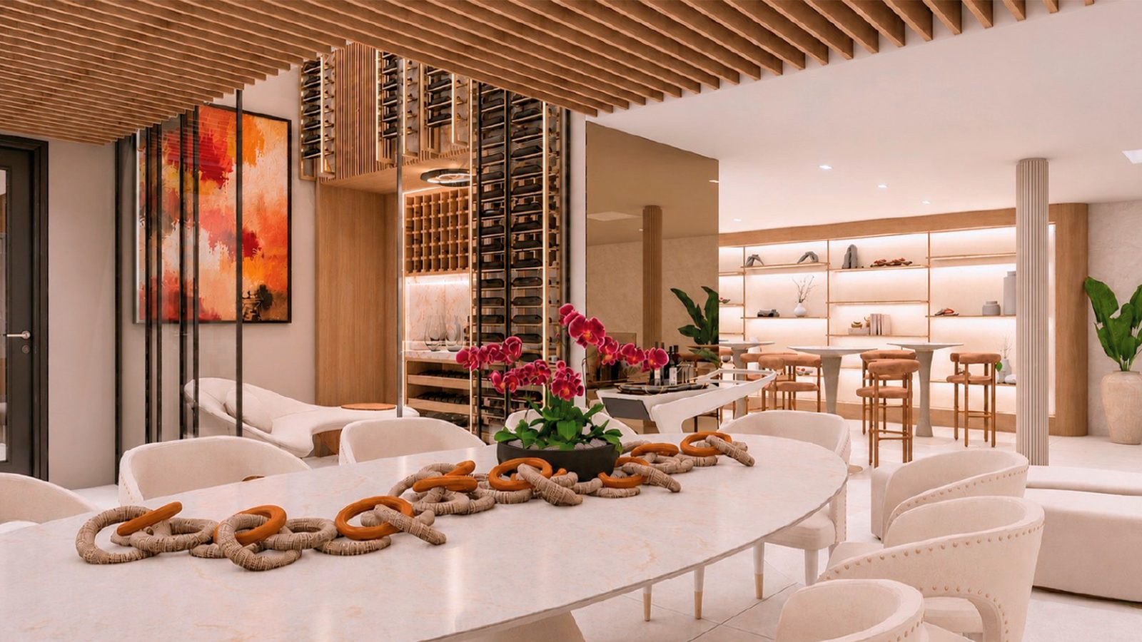 Sala de jantar planejada com adega integrada