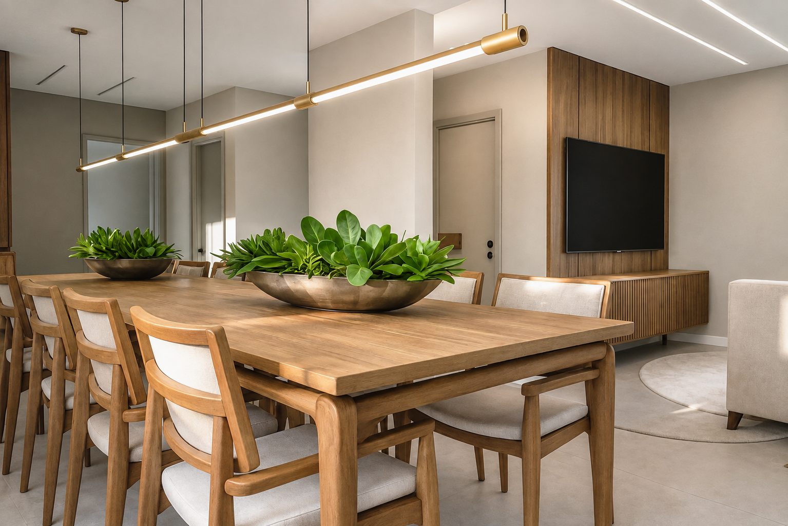 Sala de jantar planejada em tons claros