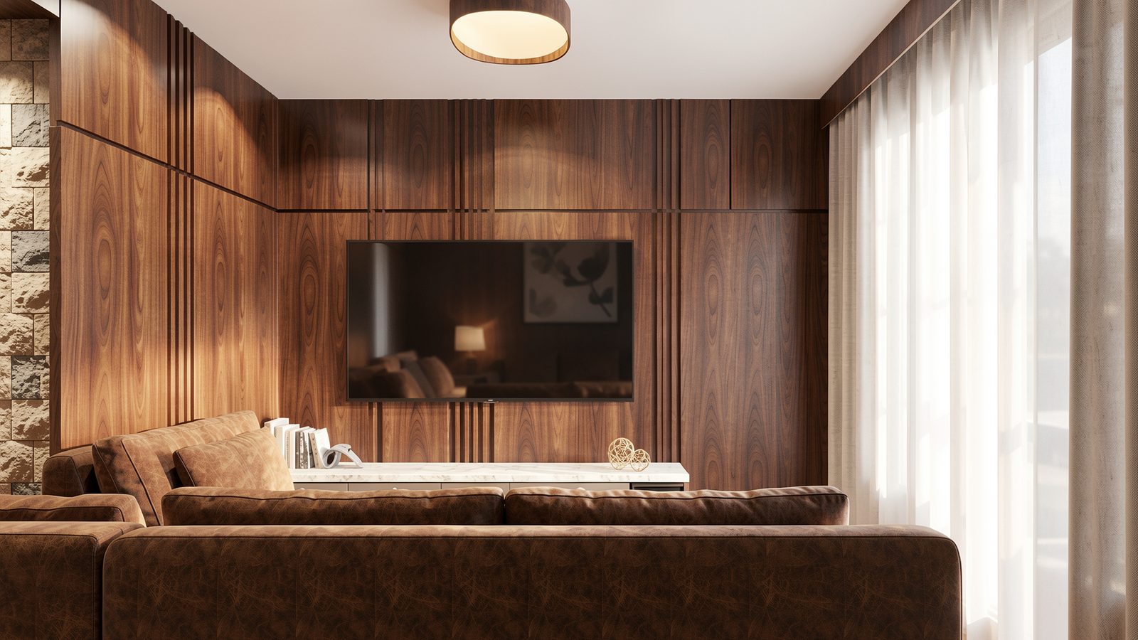 Sala de estar planejada com painel de madeira escura